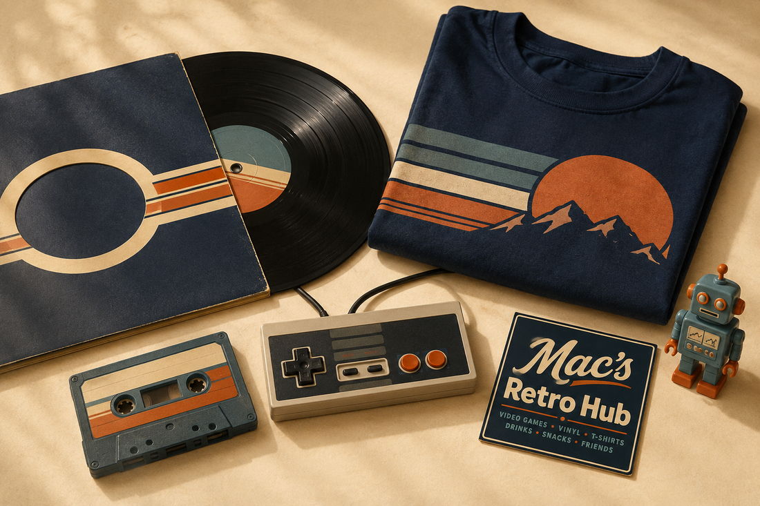Mac’s Retro Hub nostalgia collection featuring vinyl, a retro game controller, cassette, T-shirt, and collectible.