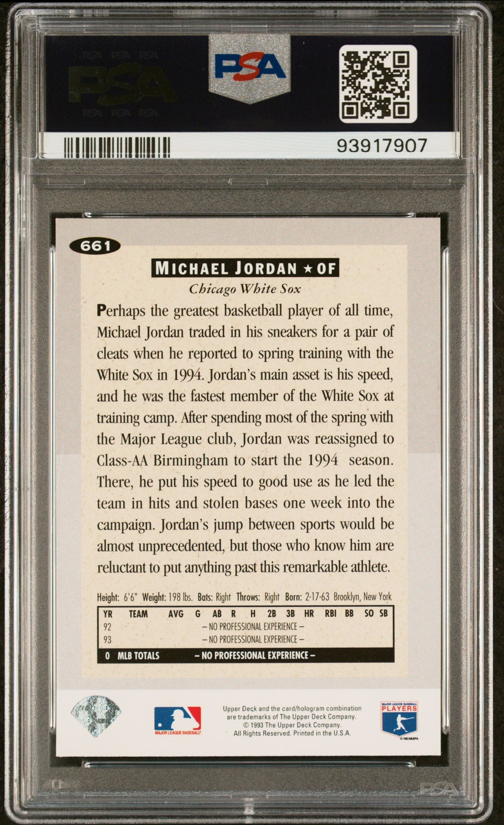 Graded 1994 Collector's Choice Michael Jordan #661 Rookie RC Baseball Card PSA 9 Mint