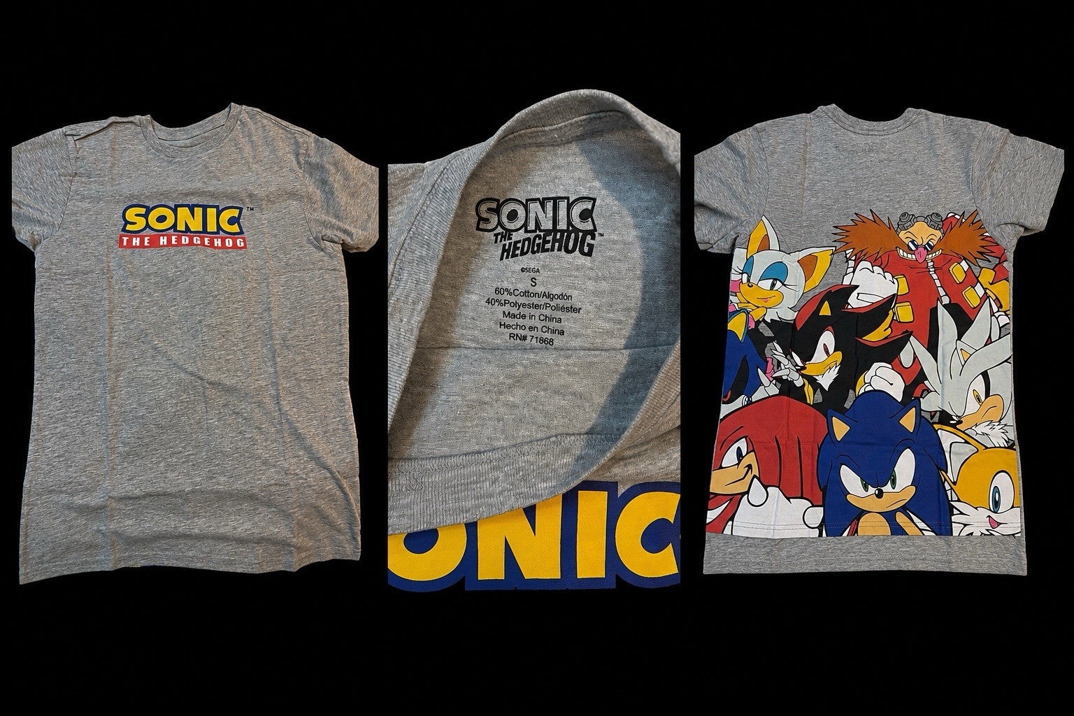 Sonic The Hedgehog Characters Gray Graphic T-Shirt Size S Sega RN 71868