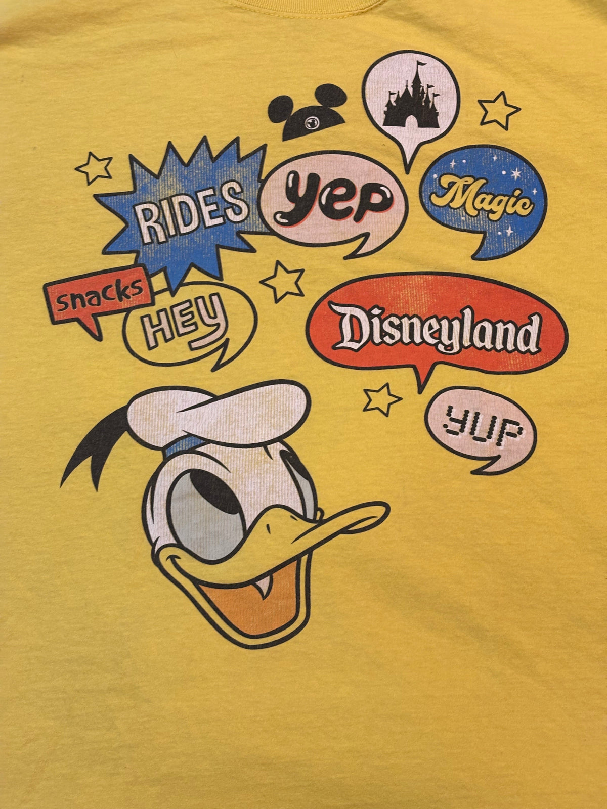 Close-up of Donald Duck Disneyland speech bubble graphic