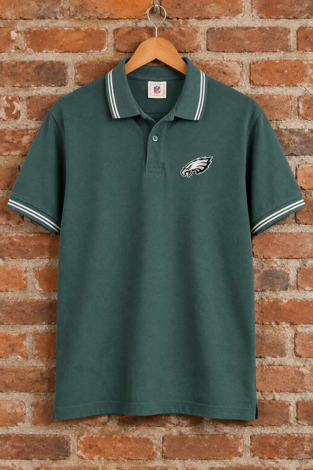 Philadelphia Eagles NFL green embroidered polo with striped collar and cuffs