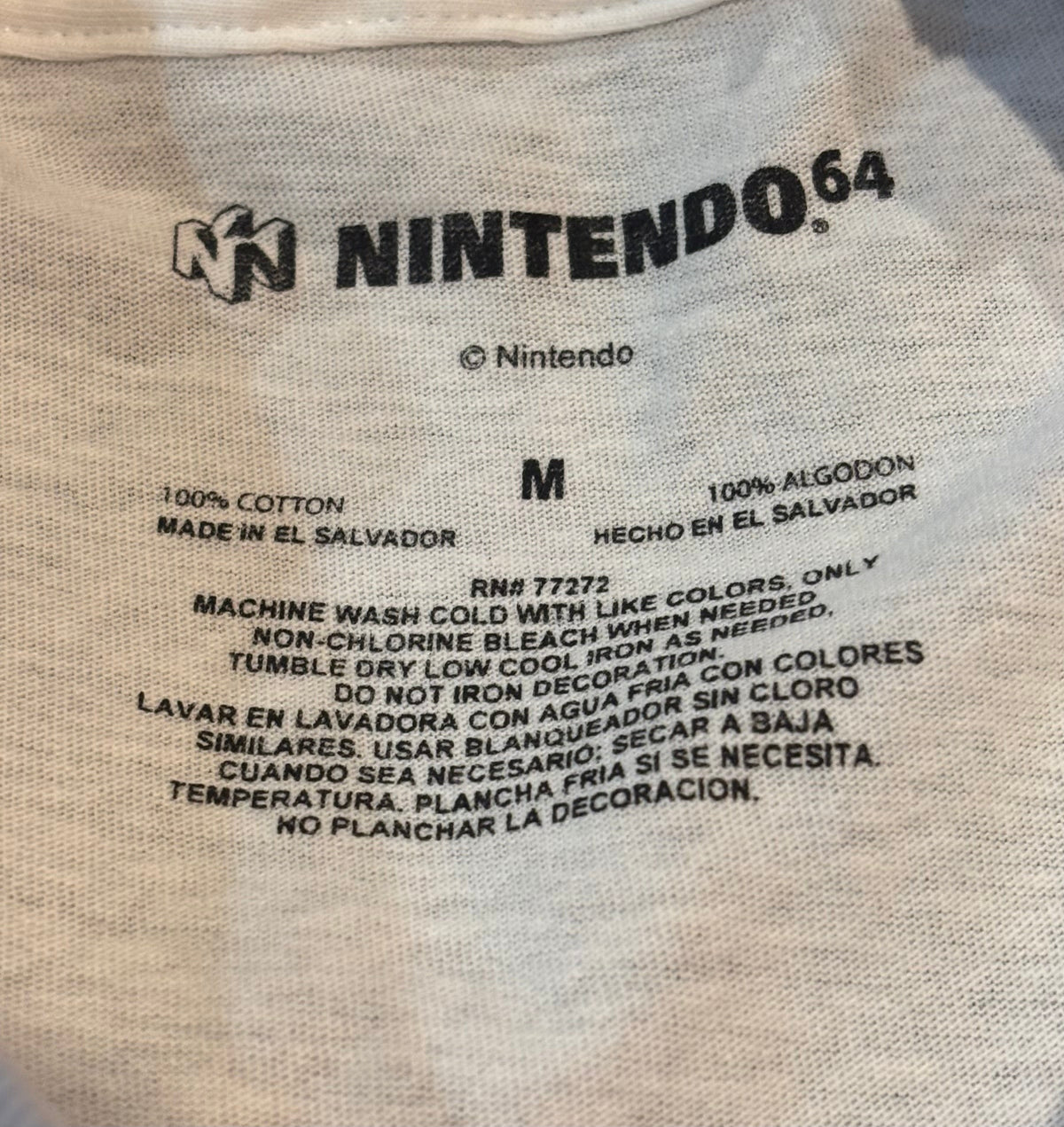 Nintendo 64 tag, size M, 100% cotton, made in El Salvador