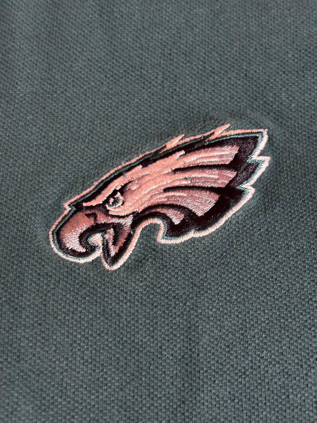 Philadelphia Eagles NFL green embroidered polo with striped collar and cuffs