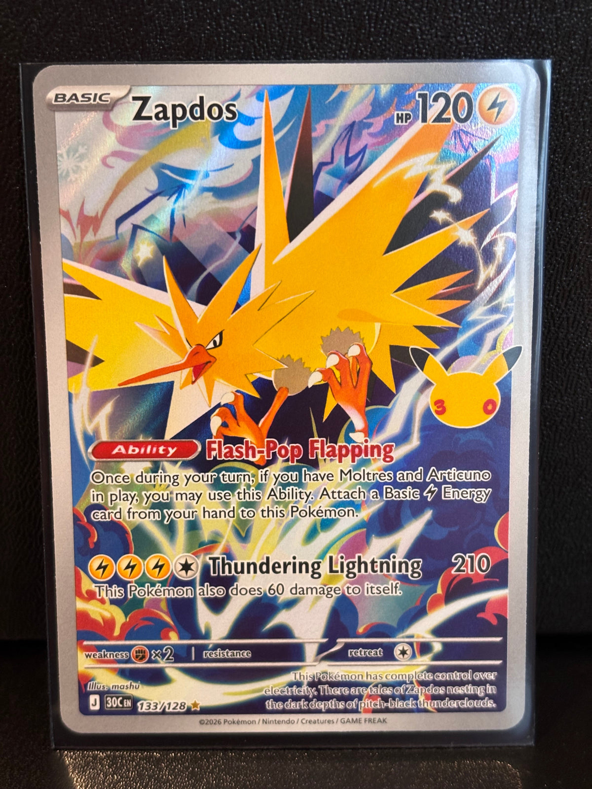 Zapdos Pokémon card, number 133/128, 120 HP, 30CEN marking and Pikachu stamp