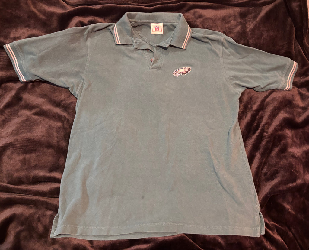 Philadelphia Eagles NFL green embroidered polo with striped collar and cuffs