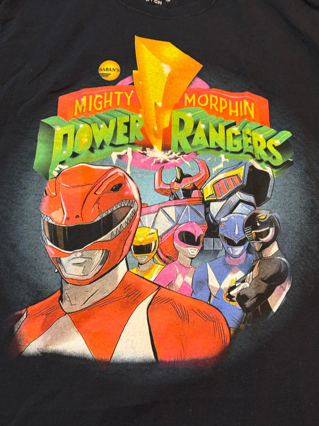 Full front view of black Mighty Morphin Power Rangers long-sleeve shirt