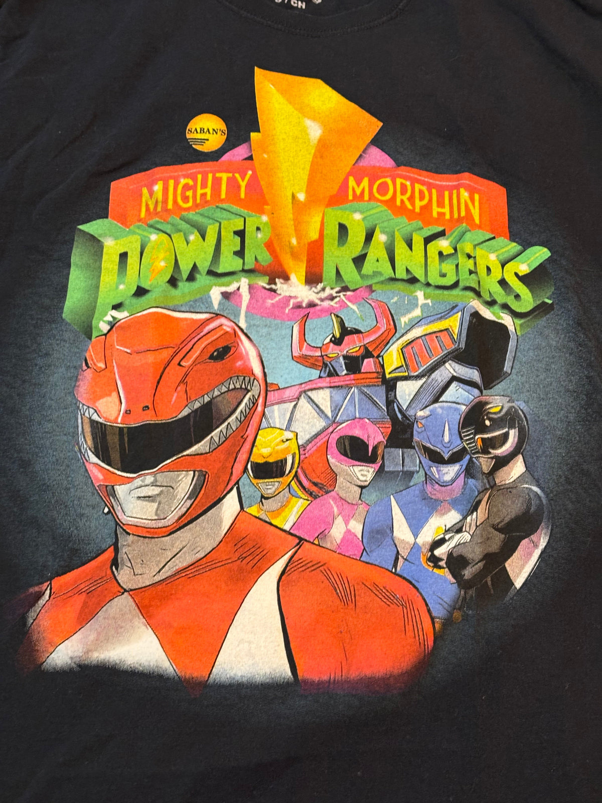 Full front view of black Mighty Morphin Power Rangers long-sleeve shirt