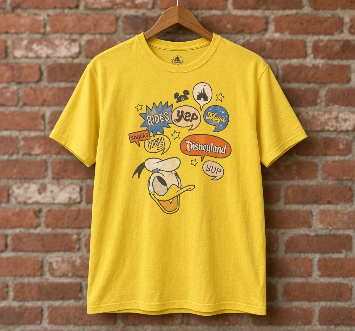 Disney Parks Donald Duck Disneyland Speech Bubble Graphic T-Shirt – Yellow, XL graphic t-shirt — Mac's Retro Hub