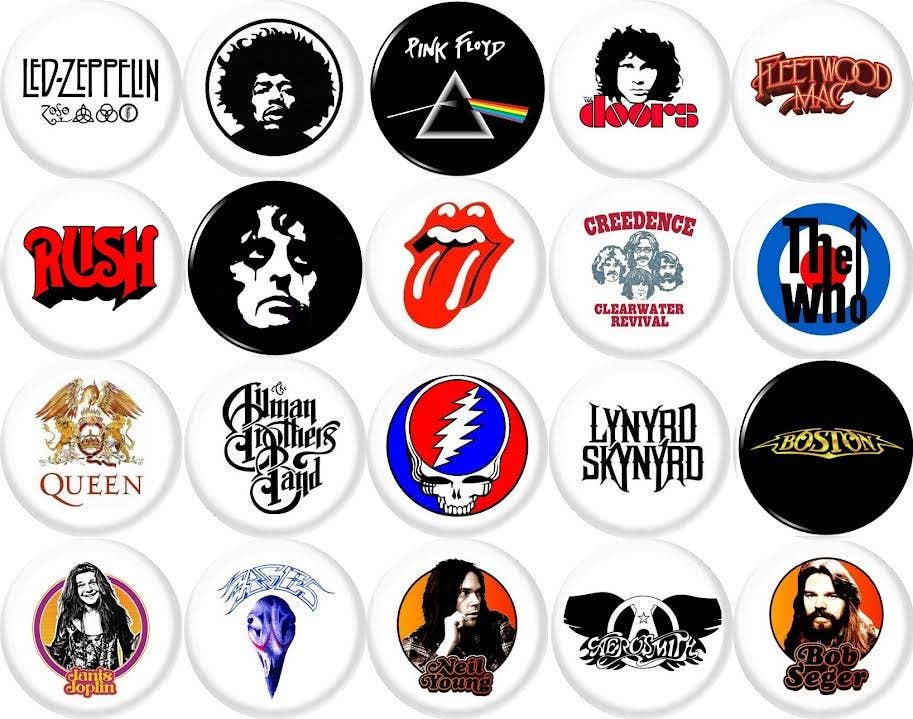 Pinbax Express - Classic Rock bands x 20 1" inch (25mm) Pins music albums 70s