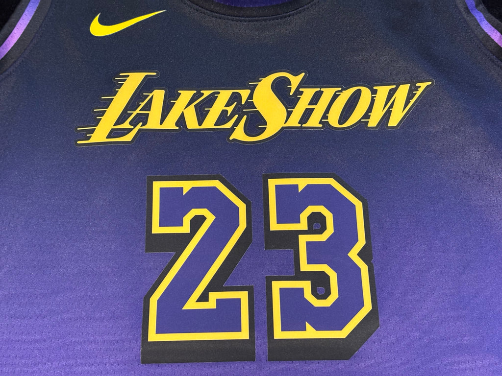 Lake Show wordmark and number 23 close up, no cracking