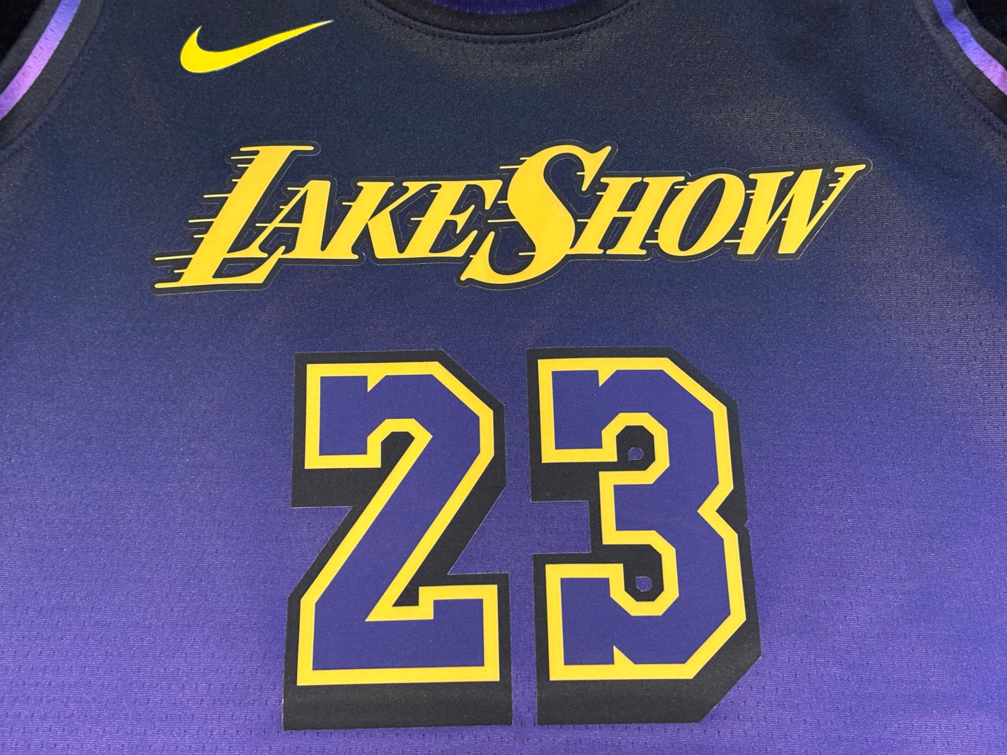 Lake Show wordmark and number 23 close up, no cracking