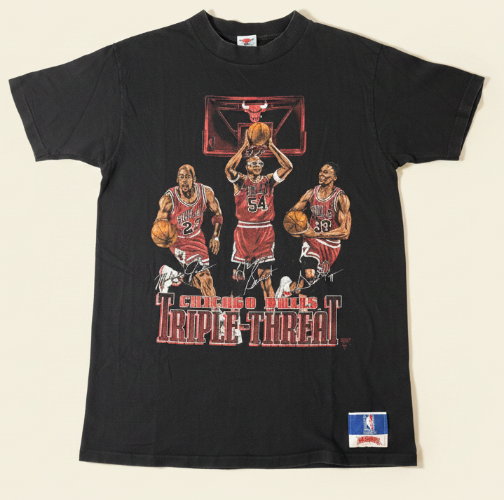 Vintage 1990s Nutmeg Mills Chicago Bulls "Triple Threat" Jordan Pippen Grant T-Shirt XL graphic t-shirt — Mac's Retro Hub
