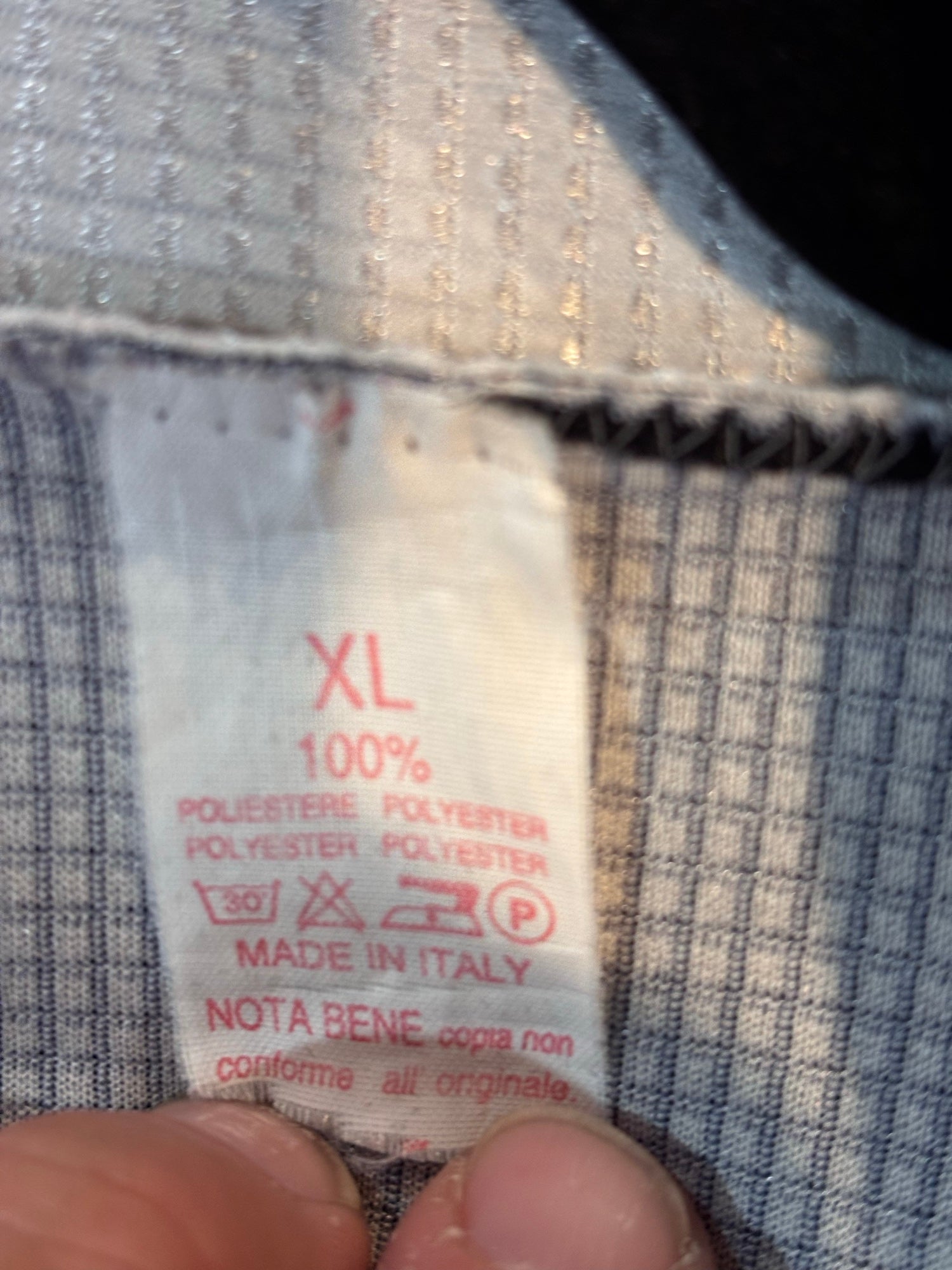 Size XL, 100% polyester, Made in Italy label