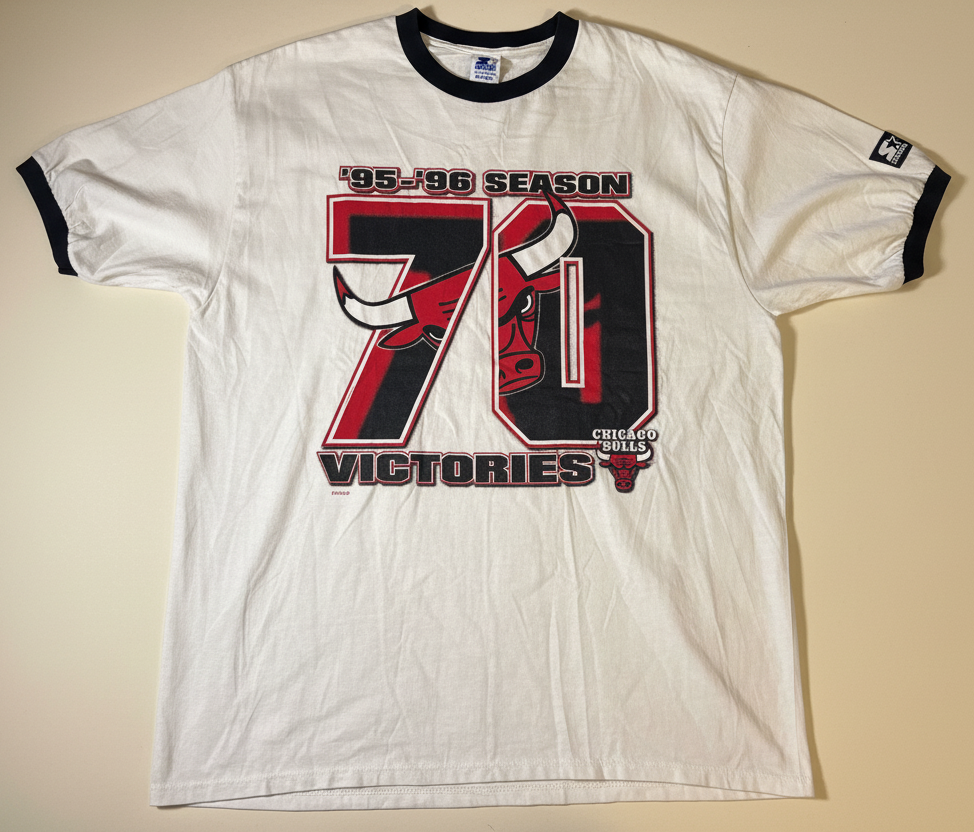 Vintage 1995-96 Starter Chicago Bulls "70 Victories" Ringer T-Shirt XL graphic t-shirt — Mac's Retro Hub
