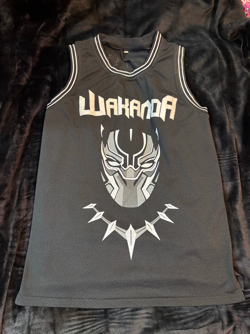 Black Panther Wakanda T'Challa #1 Basketball Jersey - Front view showing Panther mask and Wakanda text