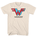 Weezer Flying W logo in red and blue on natural cream t-shirt