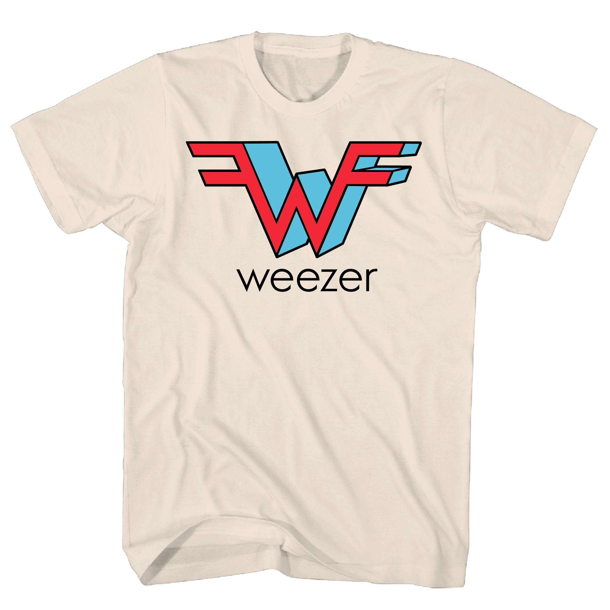 Weezer Flying W logo in red and blue on natural cream t-shirt